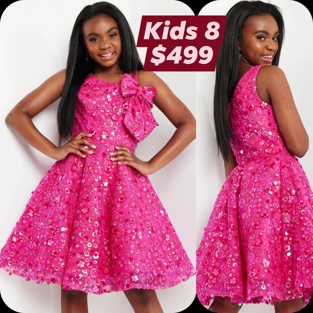 Jovani Hot Pink Sequin Floral Bow Party Dress